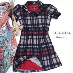 New Jessica Howard Grey Black Red Plaid Sweater Dress Sz M